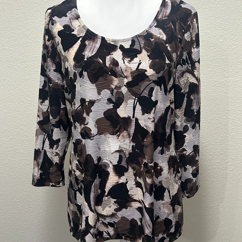 Croft & Barrow black and brown abstract print tunic, 3/4 length sleeves, medium